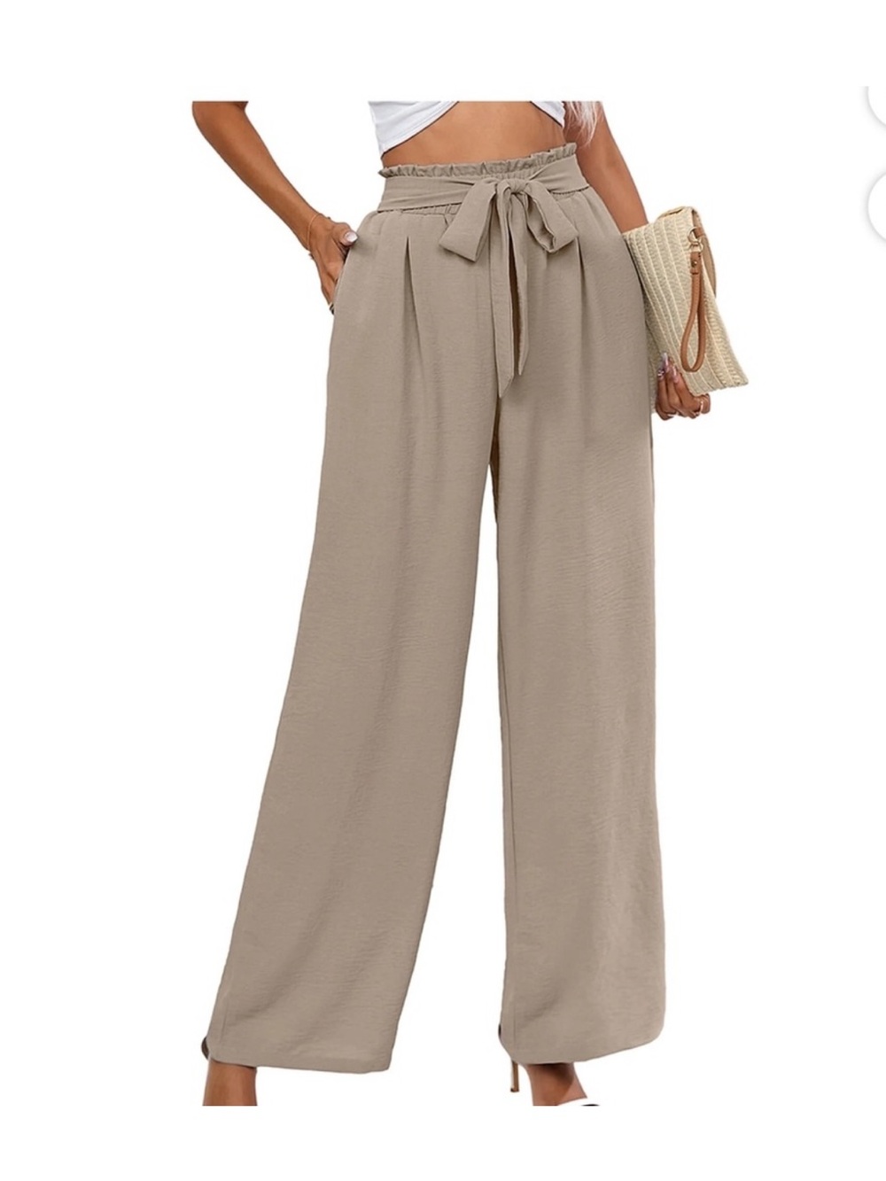 High-Waist Paperbag Tie-Waist Wide Leg Pants - Taupe